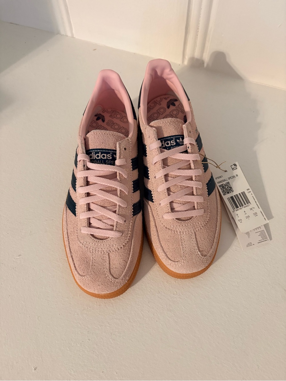 adidas Handball Spezial Women’s Pink Suede Sneakers with Black Stripes